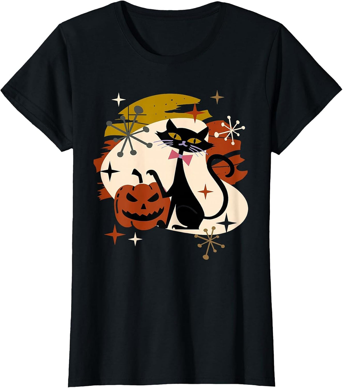 Black Cat and Pumpkin Atomic Retro Halloween T-Shirt