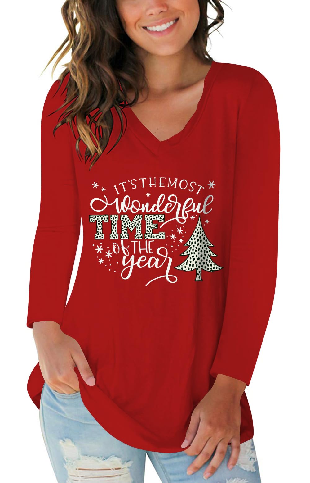 Tobrief Women's Long Sleeve V-Neck Shirts Fall Graphic Tees Casual T-Shirt