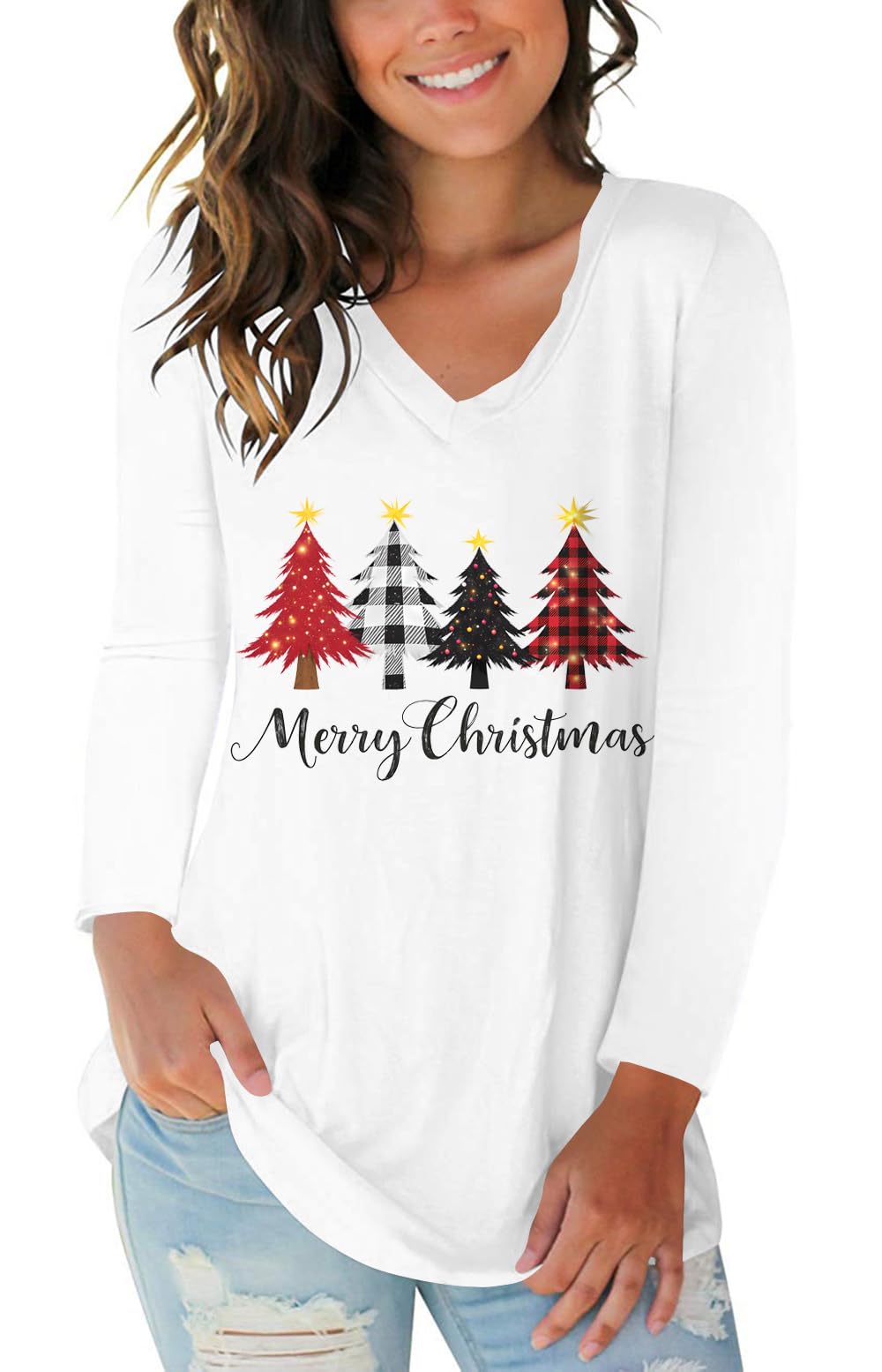 Tobrief Women's Long Sleeve V-Neck Shirts Fall Graphic Tees Casual T-Shirt