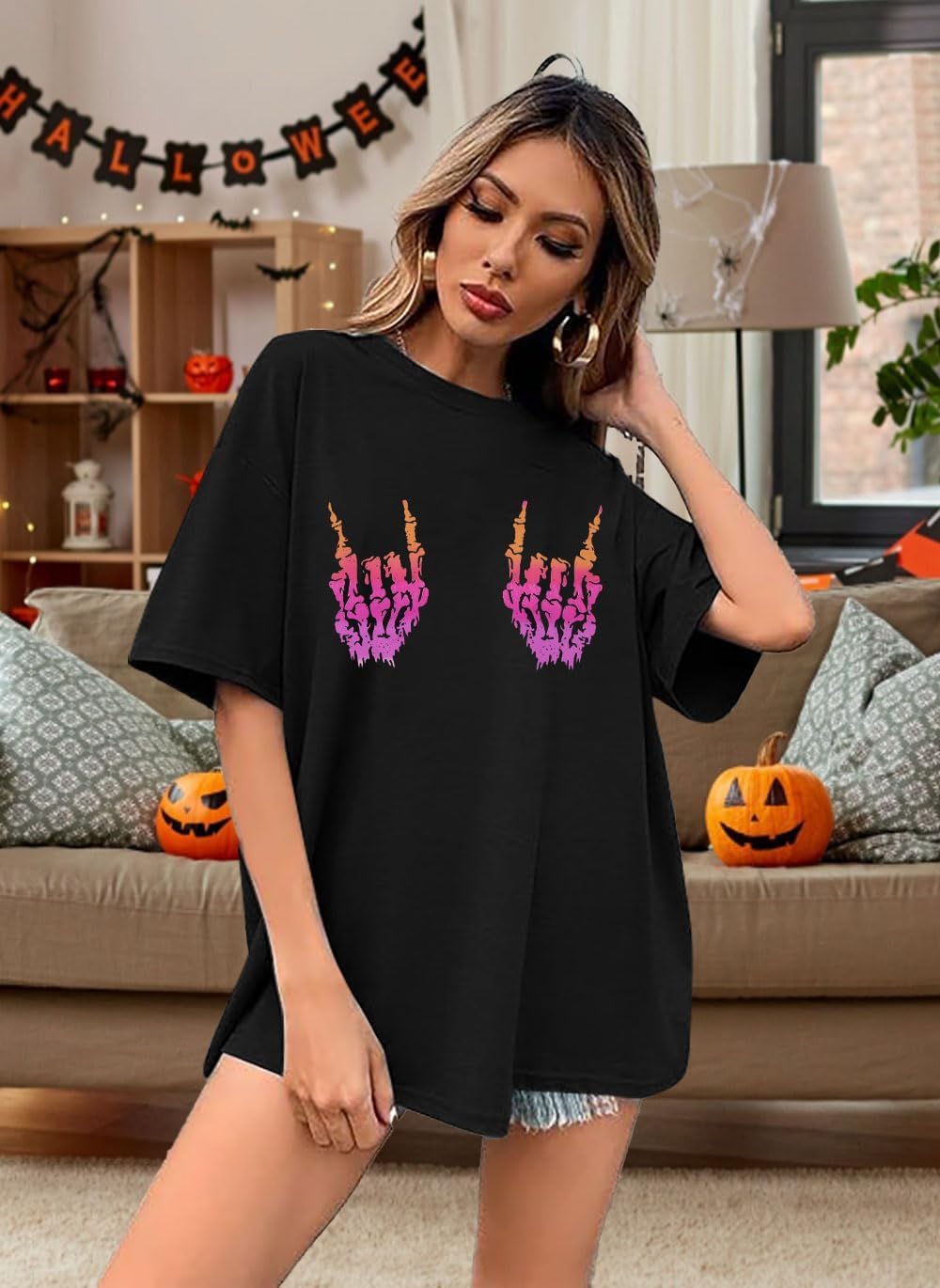 Womens Halloween Ghost Shirt: Skeleton Hand Tshirt Funny Spooky Season Tees
