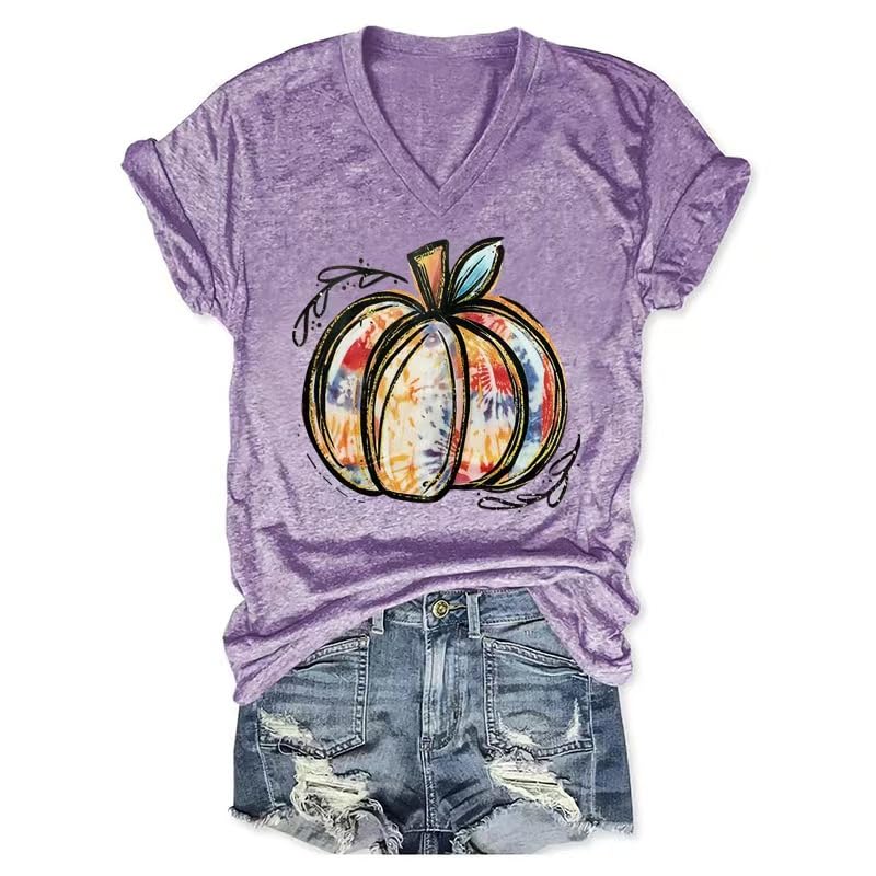 Fall V Neck T-Shirts Women Halloween Graphic Shirts Cute Pumpkin Ghost Tees Funny Holiday Family Short Sleeves Tops