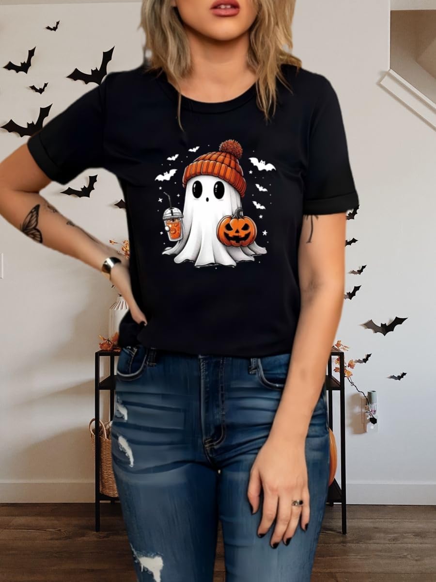 Halloween Shirts for Women Novelty Pumpkin Graphic Print Thanksgiving Fall Tee Tops