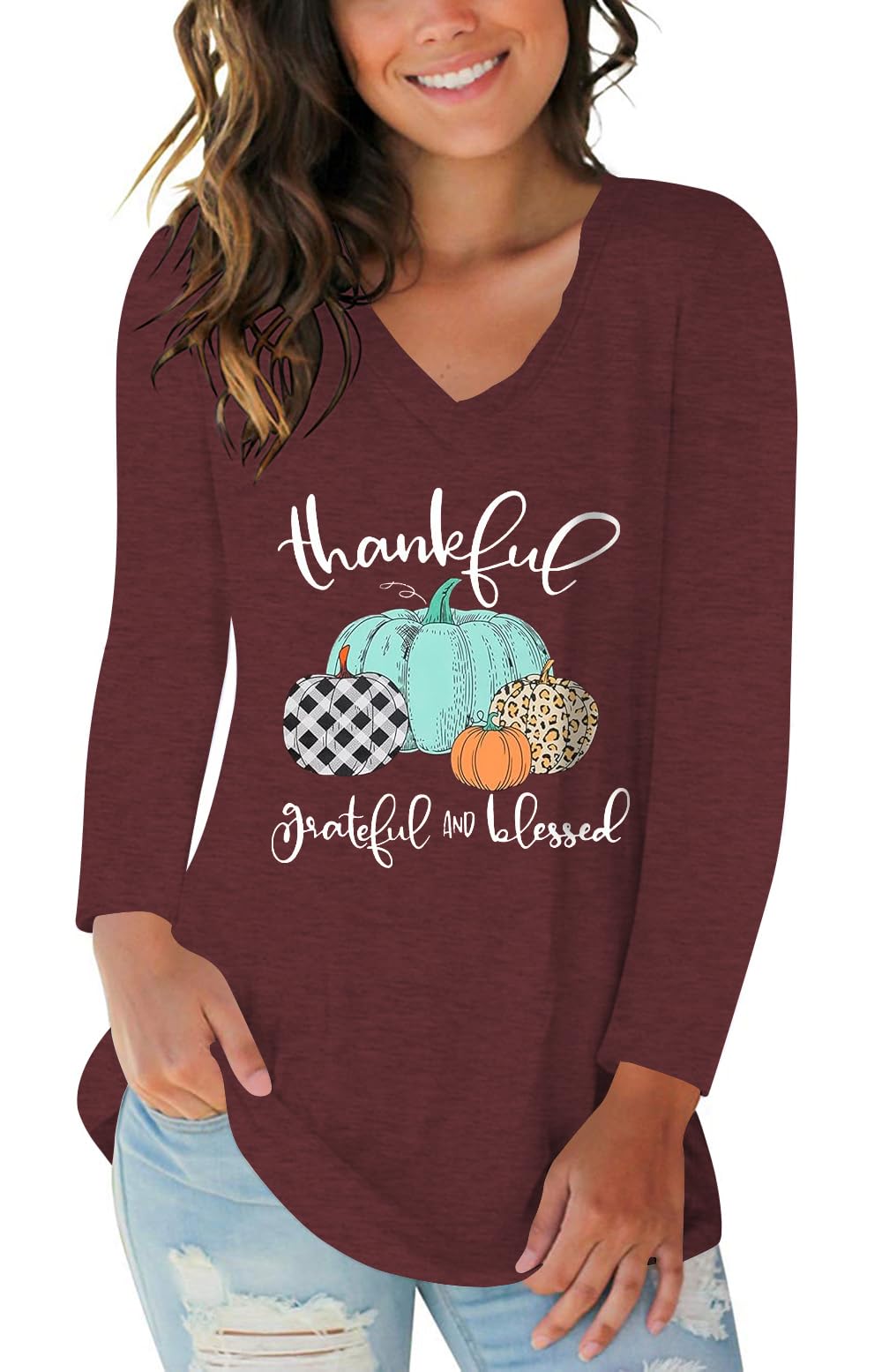 Tobrief Women's Long Sleeve V-Neck Shirts Fall Graphic Tees Casual T-Shirt