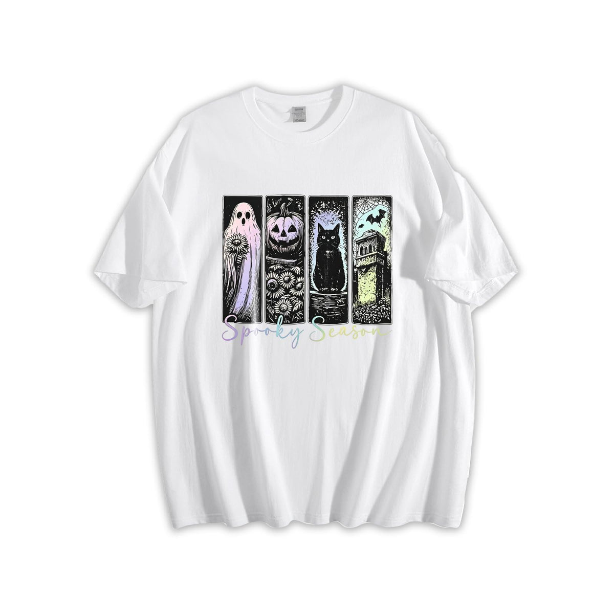 Unisex Loose Fit Crewneck Cotton T-Shirt, Spooky Season Ghost Pumpkin Black Cat Halloween Retro Graphic Tee