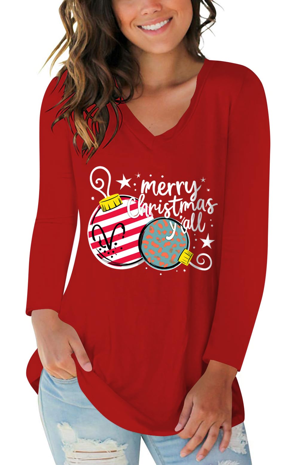 Tobrief Women's Long Sleeve V-Neck Shirts Fall Graphic Tees Casual T-Shirt