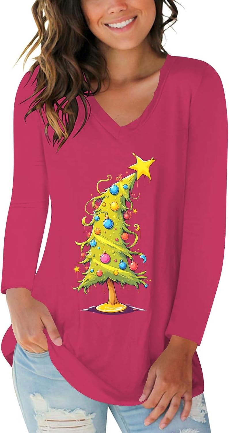 Tobrief Women's Long Sleeve V-Neck Shirts Fall Graphic Tees Casual T-Shirt