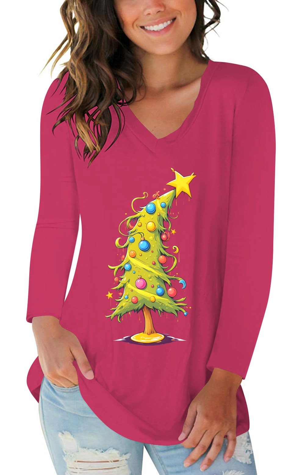 Tobrief Women's Long Sleeve V-Neck Shirts Fall Graphic Tees Casual T-Shirt