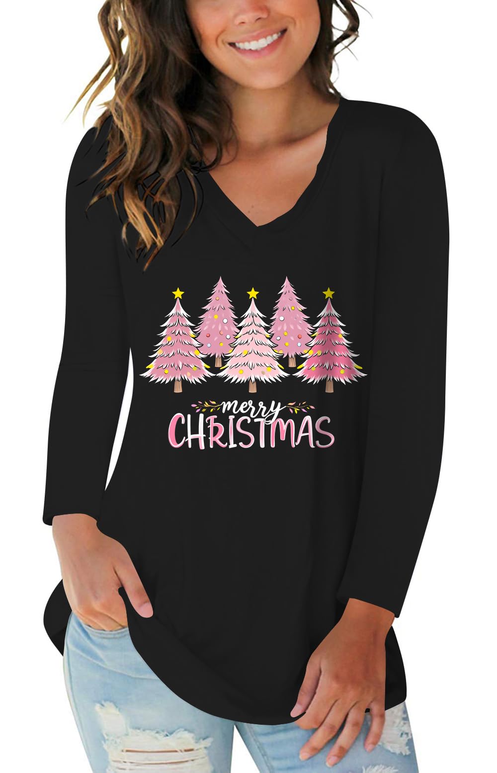 Tobrief Women's Long Sleeve V-Neck Shirts Fall Graphic Tees Casual T-Shirt