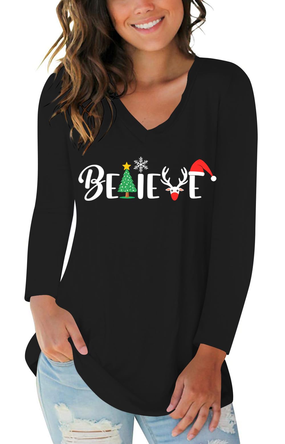 Tobrief Women's Long Sleeve V-Neck Shirts Fall Graphic Tees Casual T-Shirt