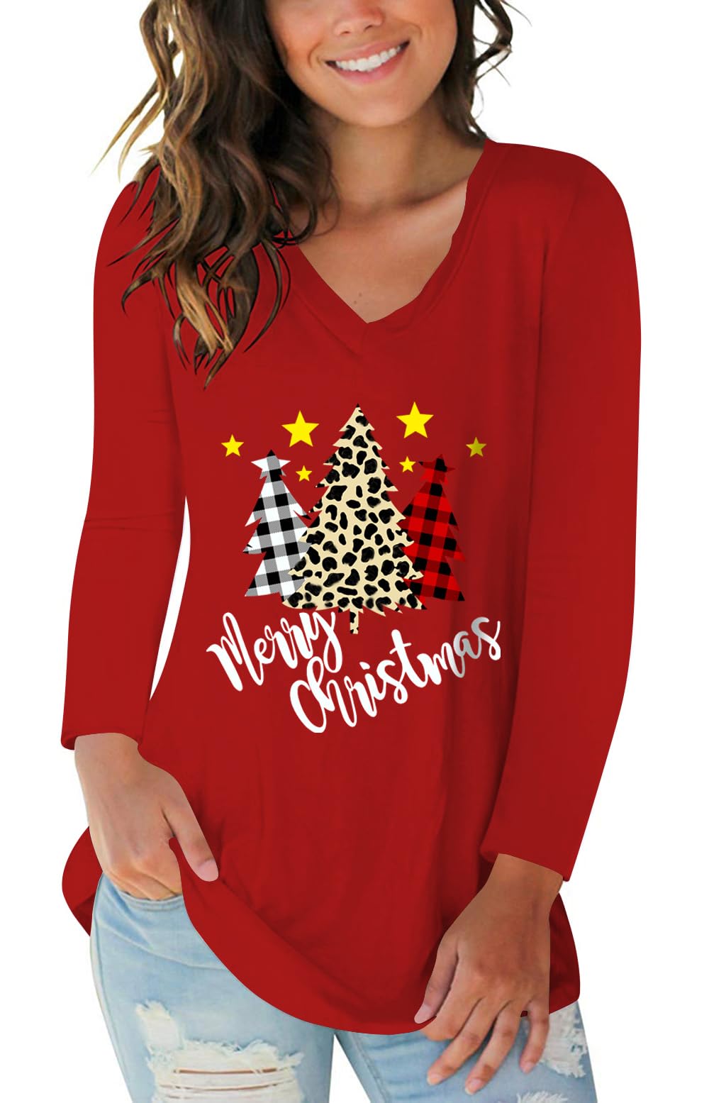 Tobrief Women's Long Sleeve V-Neck Shirts Fall Graphic Tees Casual T-Shirt