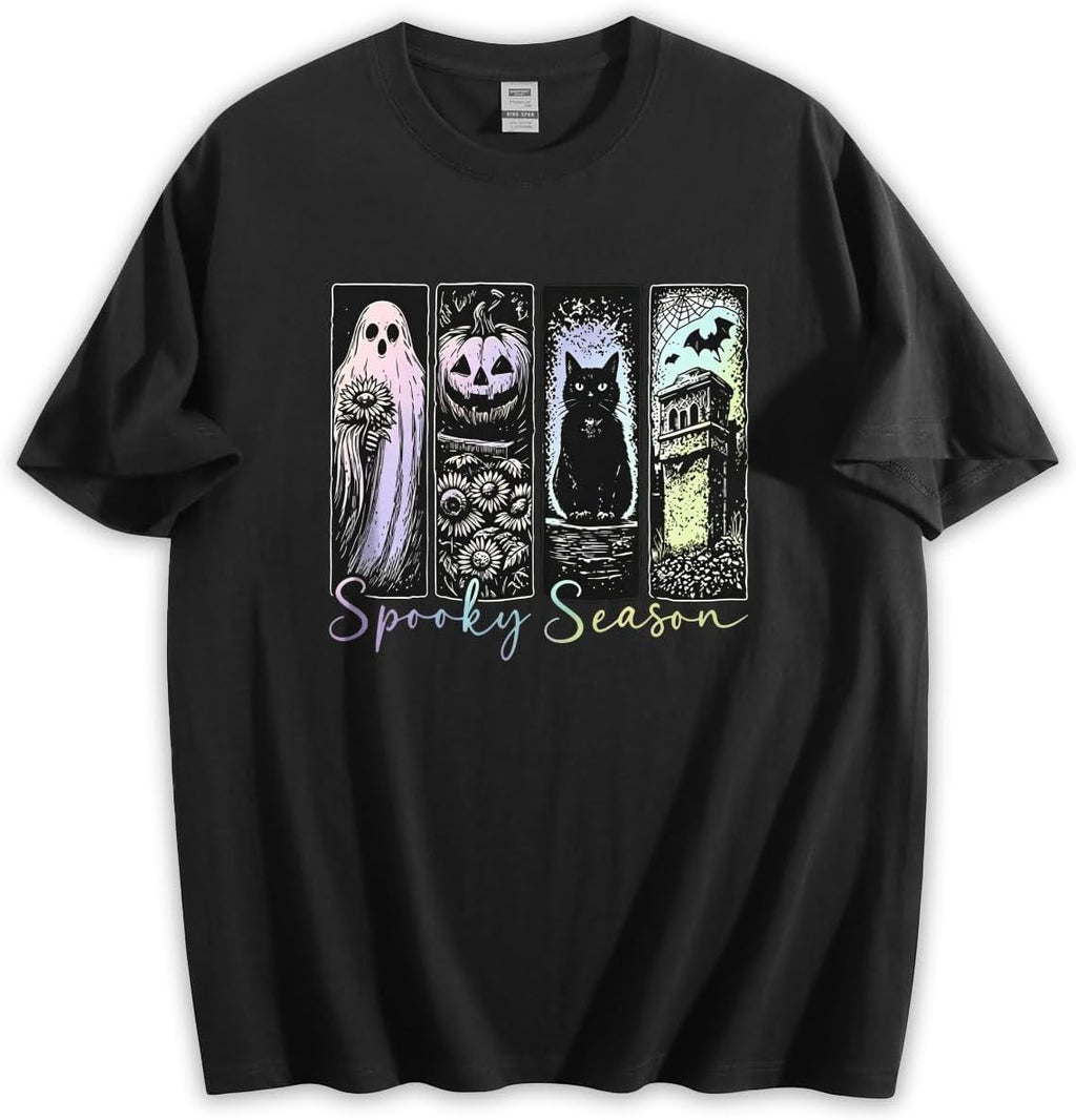 Unisex Loose Fit Crewneck Cotton T-Shirt, Spooky Season Ghost Pumpkin Black Cat Halloween Retro Graphic Tee