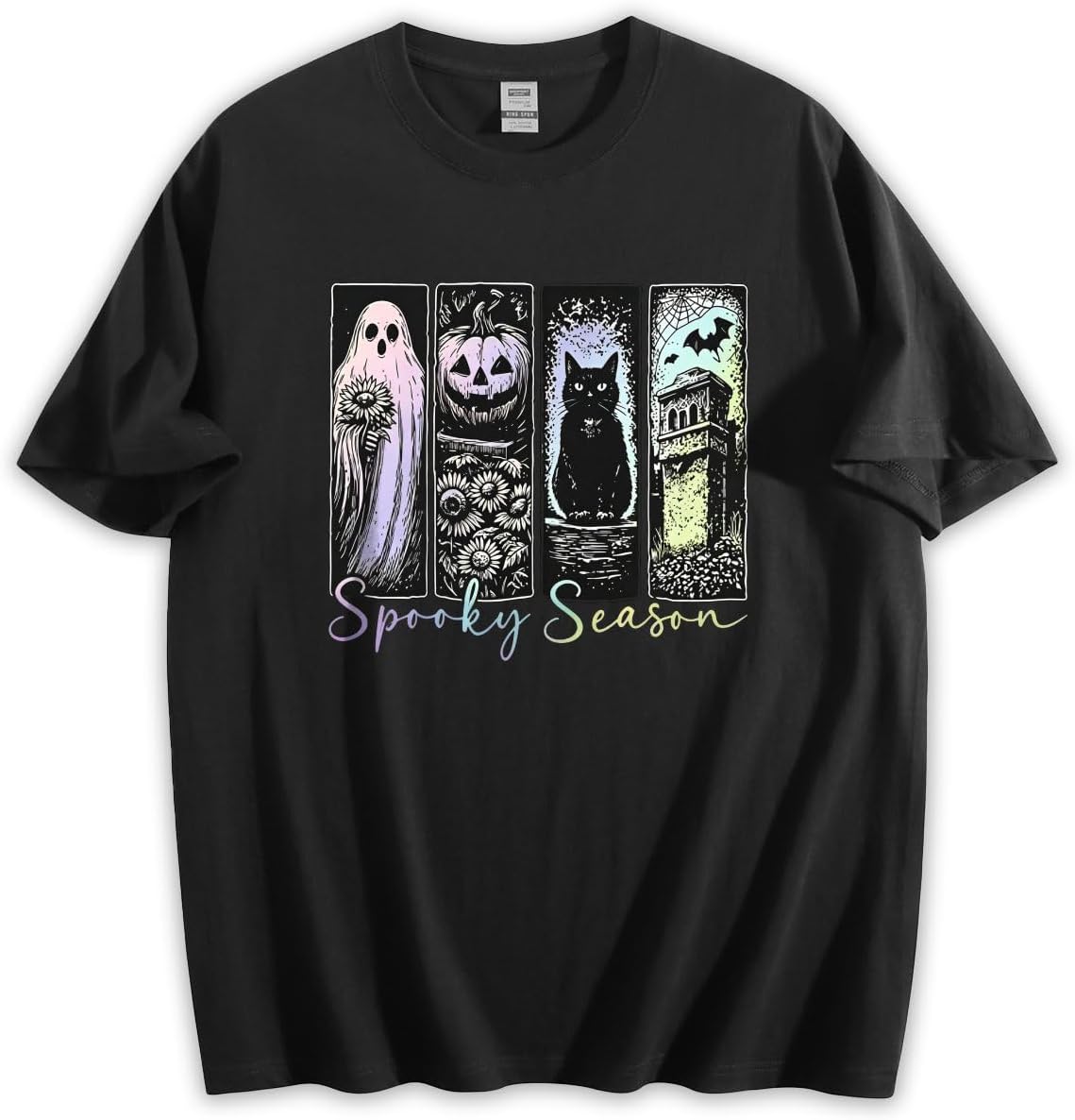 Unisex Loose Fit Crewneck Cotton T-Shirt, Spooky Season Ghost Pumpkin Black Cat Halloween Retro Graphic Tee