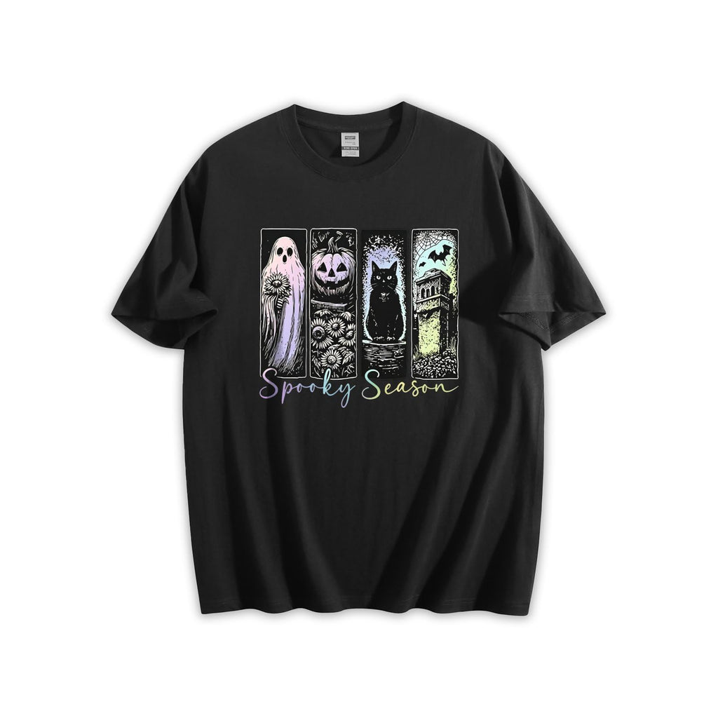 Unisex Loose Fit Crewneck Cotton T-Shirt, Spooky Season Ghost Pumpkin Black Cat Halloween Retro Graphic Tee