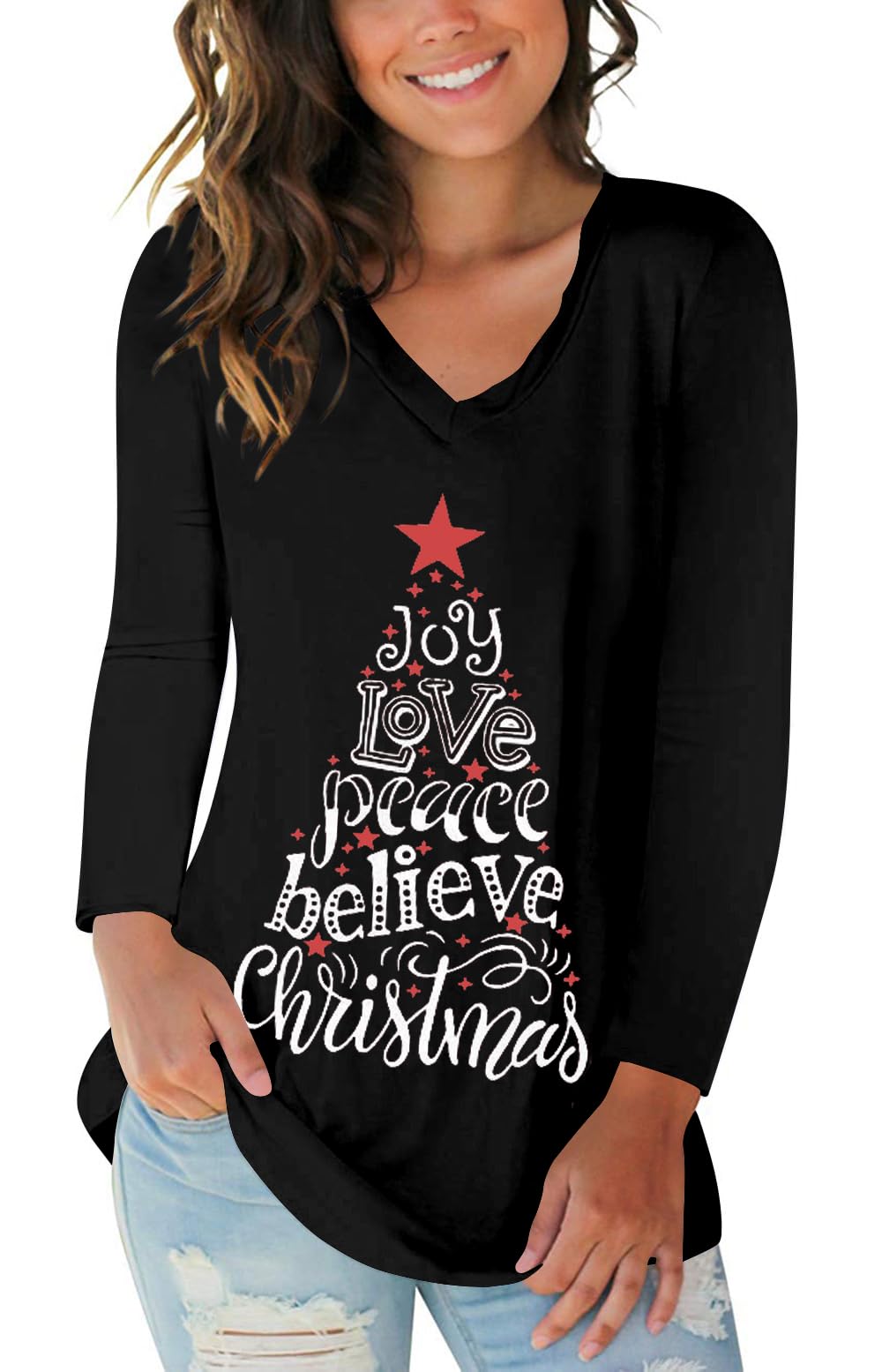 Tobrief Women's Long Sleeve V-Neck Shirts Fall Graphic Tees Casual T-Shirt