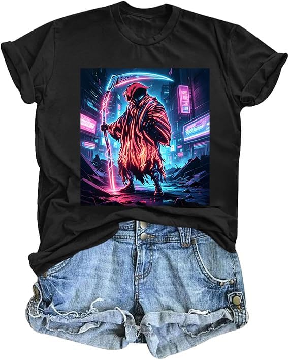 Womens Funny Printed Shirts Halloween Short Sleeve Graphic Tees Fall T-Shirts Terrifying Vintage Tops