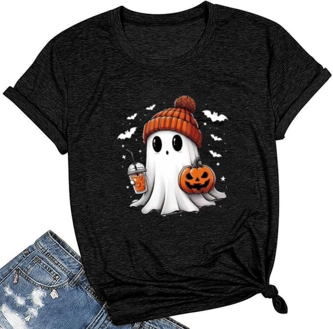 Halloween Shirts for Women Novelty Pumpkin Graphic Print Thanksgiving Fall Tee Tops