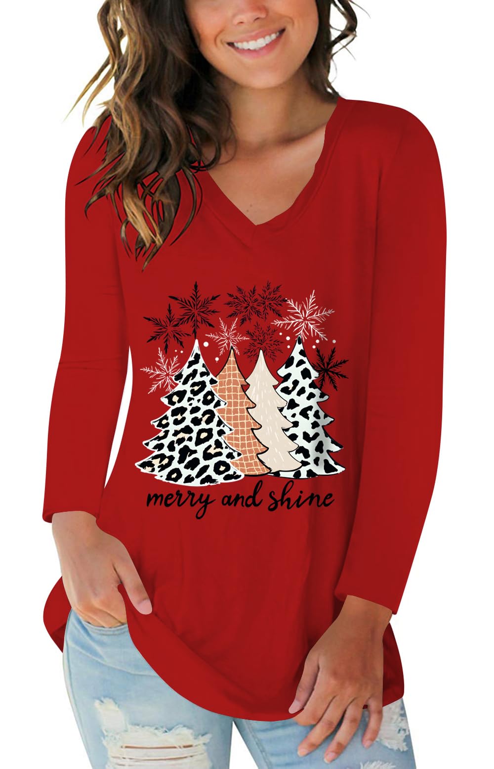 Tobrief Women's Long Sleeve V-Neck Shirts Fall Graphic Tees Casual T-Shirt