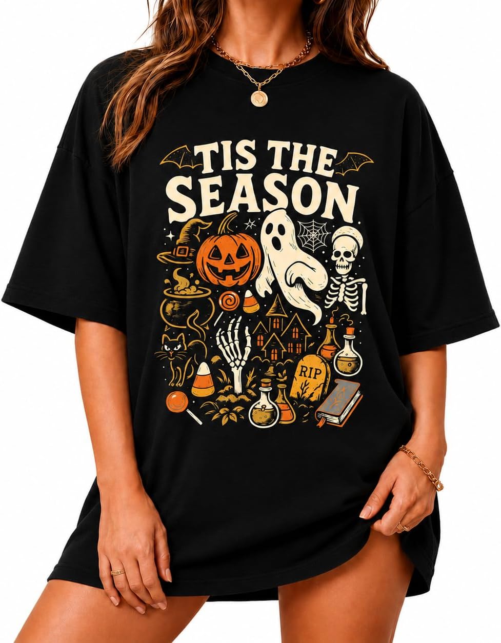 Women’s Halloween Shirt Spooky Graphic Tee Pumpkin Ghost Fall Oversized Top