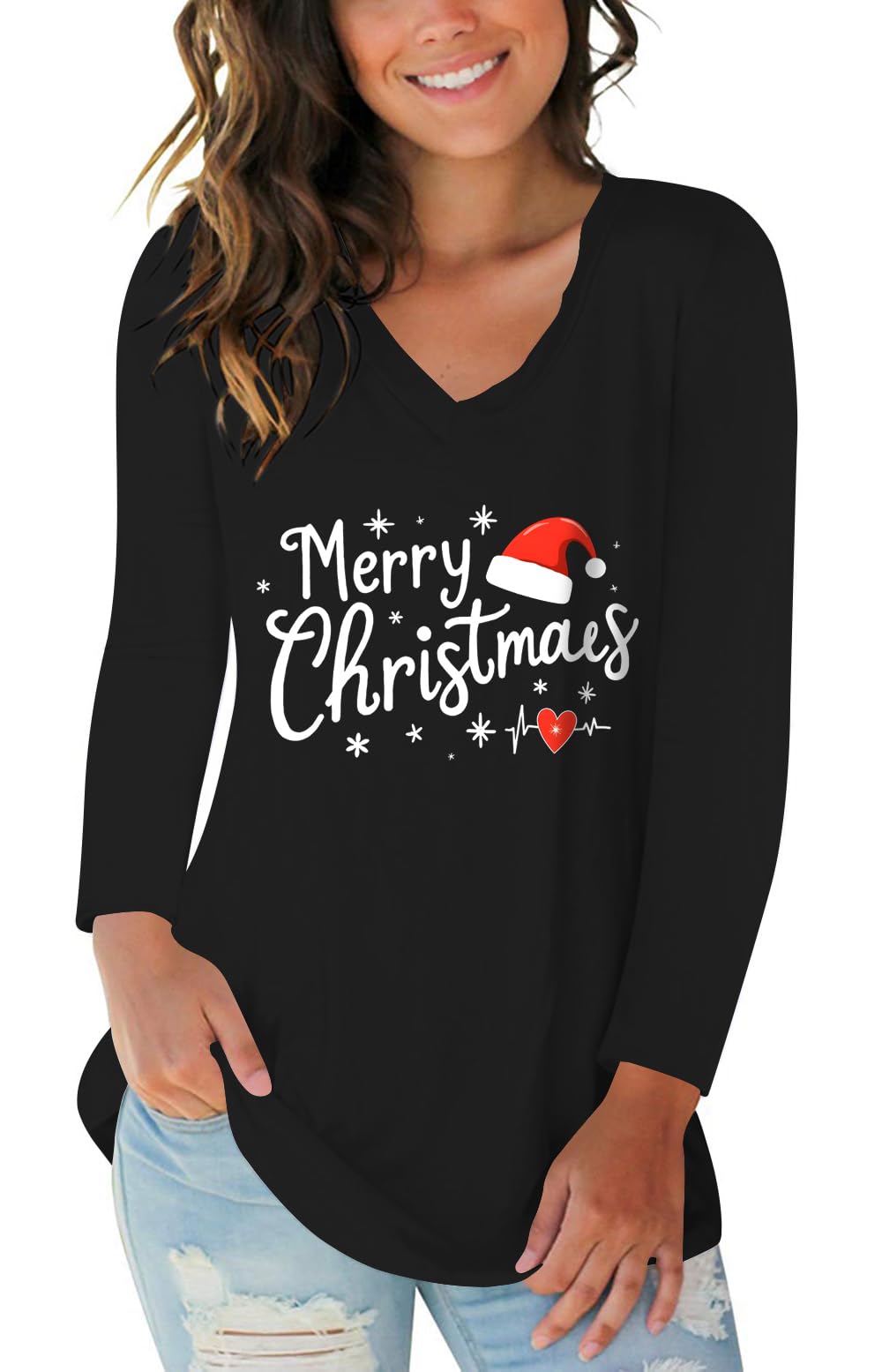 Tobrief Women's Long Sleeve V-Neck Shirts Fall Graphic Tees Casual T-Shirt