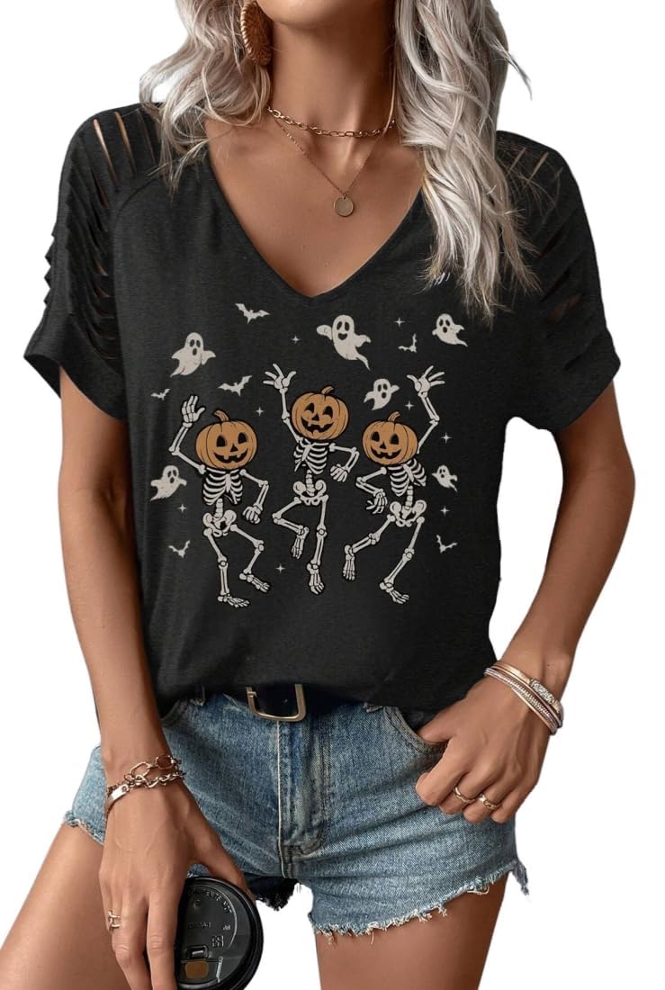 Womens Fall Halloween Thanksgiving V Neck Shirt Vintage Short Sleeve Western Shirts Cut Out Cold Shoulder T Shirts