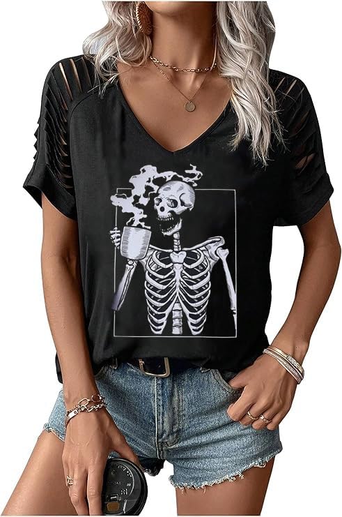 Womens Fall Halloween Thanksgiving V Neck Shirt Vintage Short Sleeve Western Shirts Cut Out Cold Shoulder T Shirts