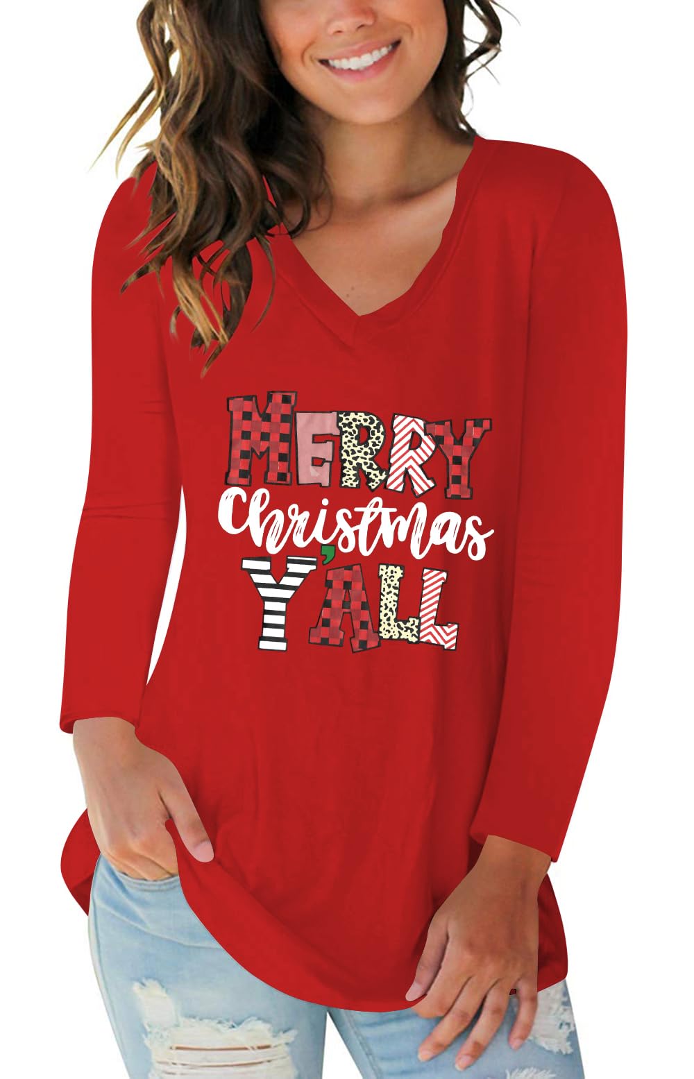 Tobrief Women's Long Sleeve V-Neck Shirts Fall Graphic Tees Casual T-Shirt