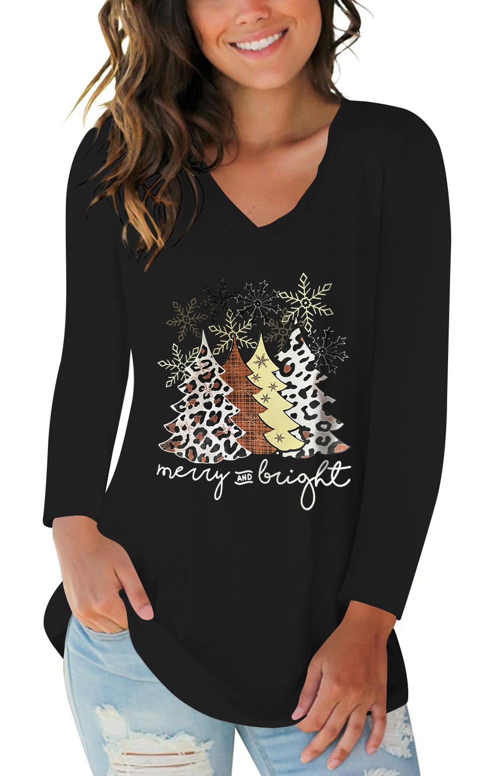Tobrief Women's Long Sleeve V-Neck Shirts Fall Graphic Tees Casual T-Shirt