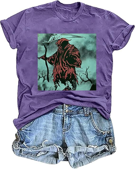 Womens Funny Printed Shirts Halloween Short Sleeve Graphic Tees Fall T-Shirts Terrifying Vintage Tops