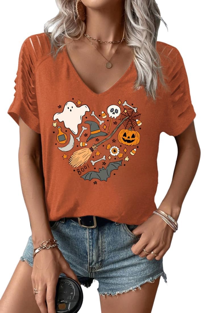 Womens Fall Halloween Thanksgiving V Neck Shirt Vintage Short Sleeve Western Shirts Cut Out Cold Shoulder T Shirts