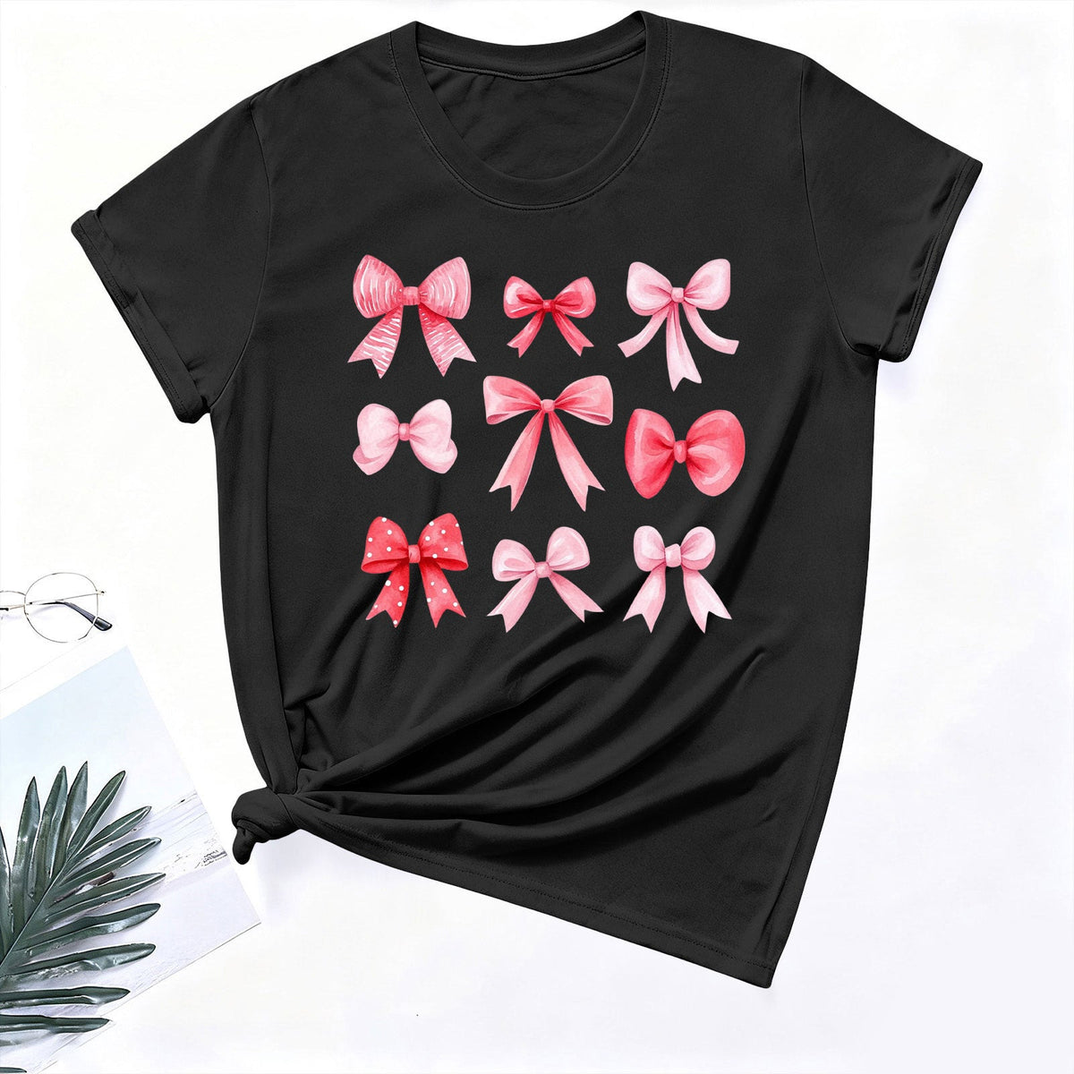 Wensltd Summer Short Sleeve T Shirts for Women Casual Valentine's Day Bow Print Tops Trendy Soft Graphic Tees Comfortable Blouses