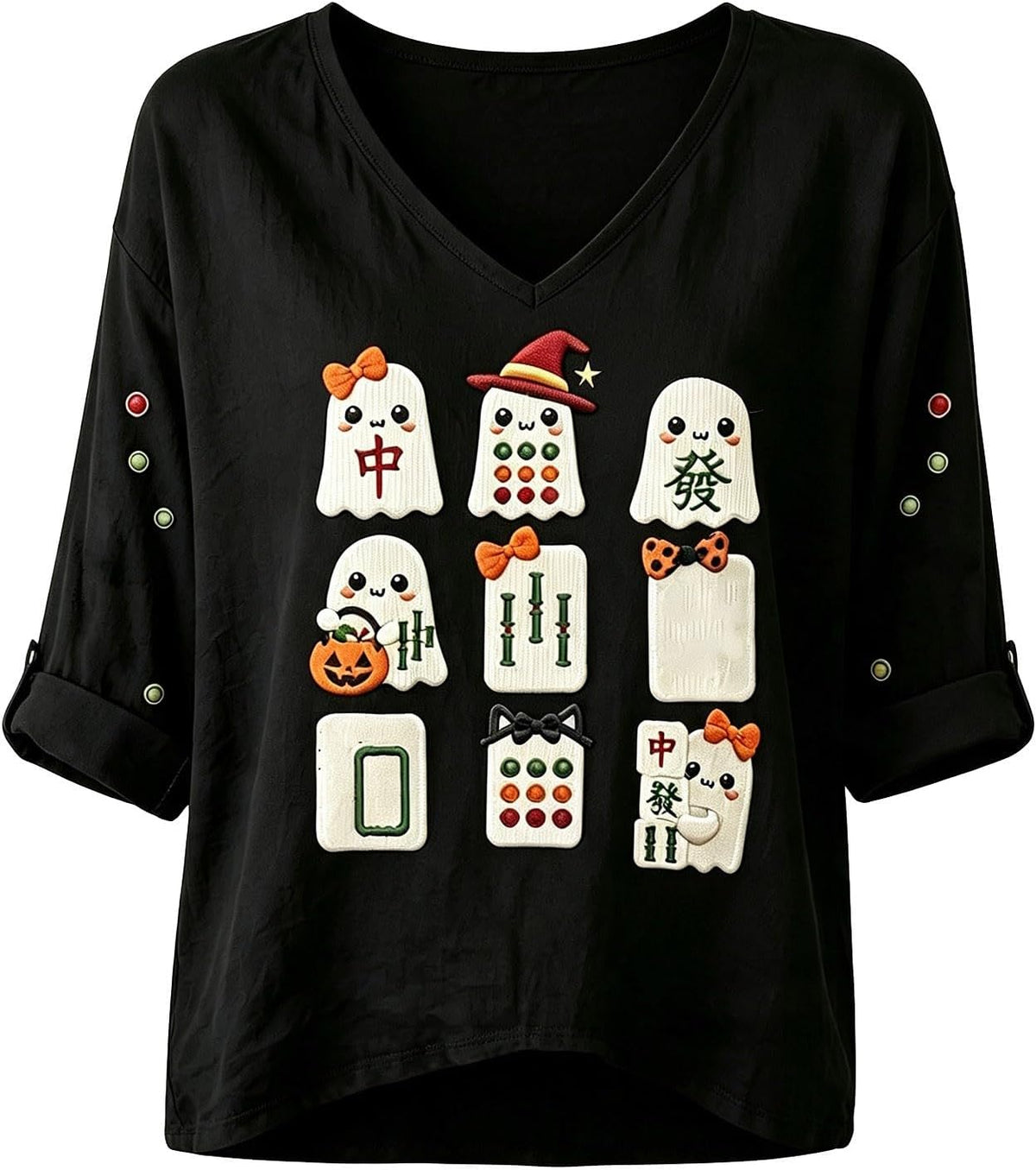 Halloween Shirts for Women V Neck Mahjong Tshirts Cute Pumpkin Graphic Tops