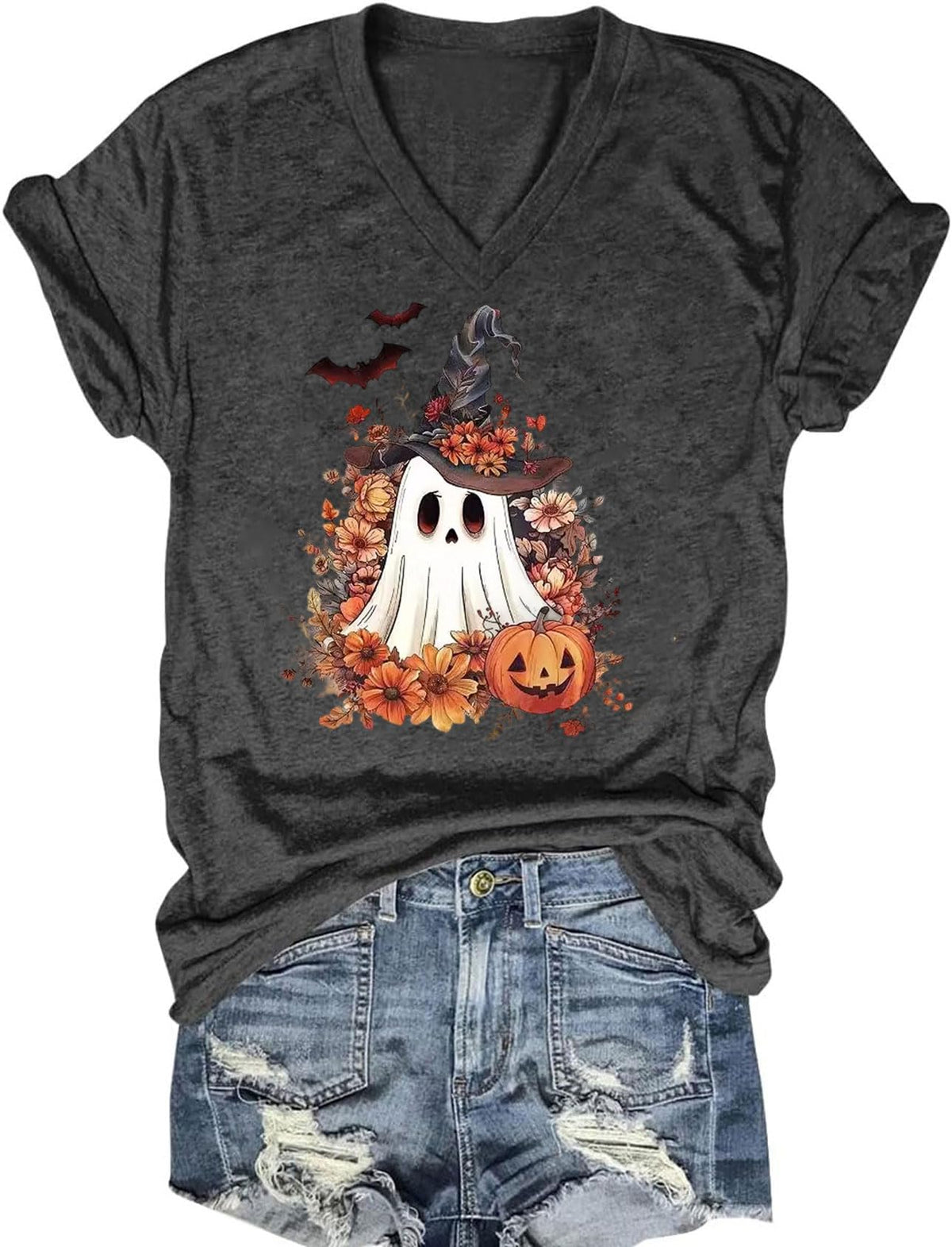 Fall V Neck T-Shirts Women Halloween Graphic Shirts Cute Pumpkin Ghost Tees Funny Holiday Family Short Sleeves Tops