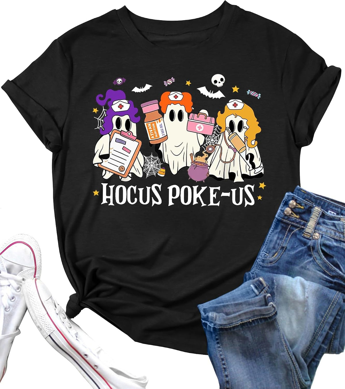Halloween Nurse Shirt for Women Halloween Hocus Poke-Us Ghost Graphic Shirt