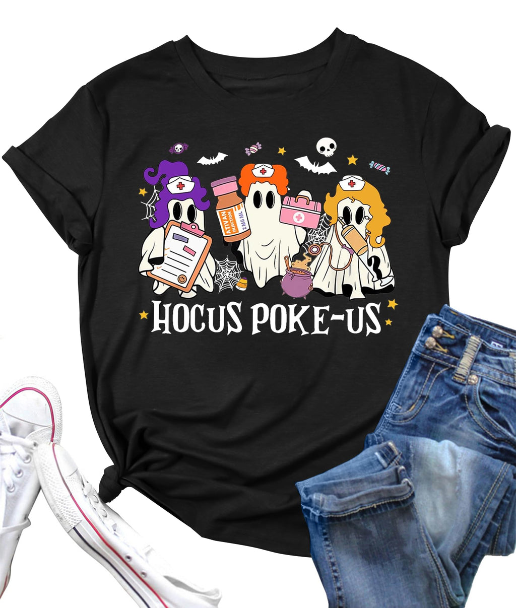 Halloween Nurse Shirt for Women Halloween Hocus Poke-Us Ghost Graphic Shirt