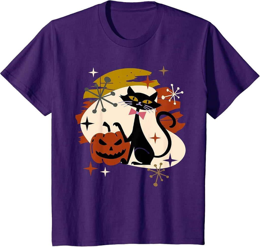 Black Cat and Pumpkin Atomic Retro Halloween T-Shirt