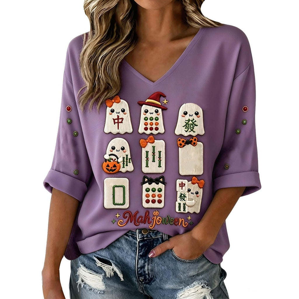 Halloween Shirts for Women V Neck Mahjong Tshirts Cute Pumpkin Graphic Tops