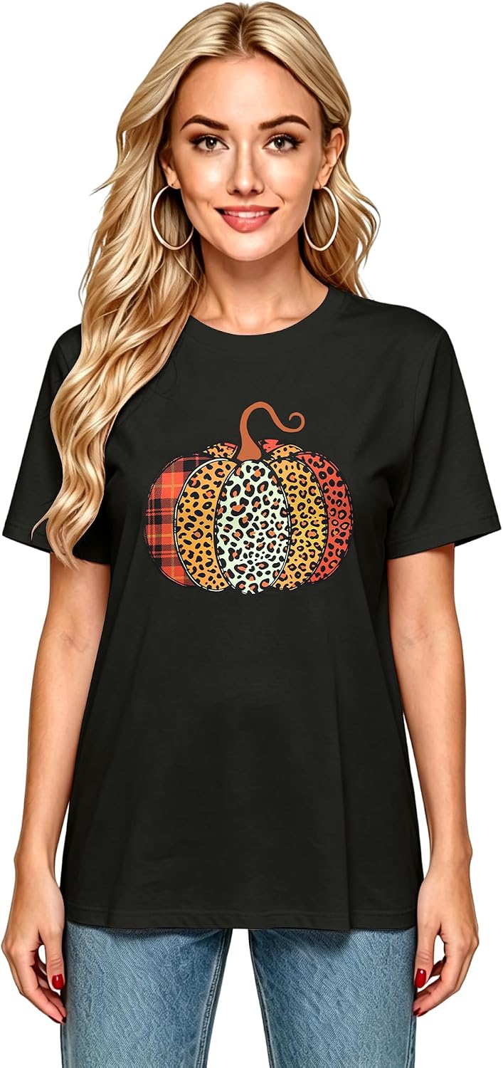 Women Leopard Pumpkin Halloween Shirt Fall Spooky Season Graphic Tee