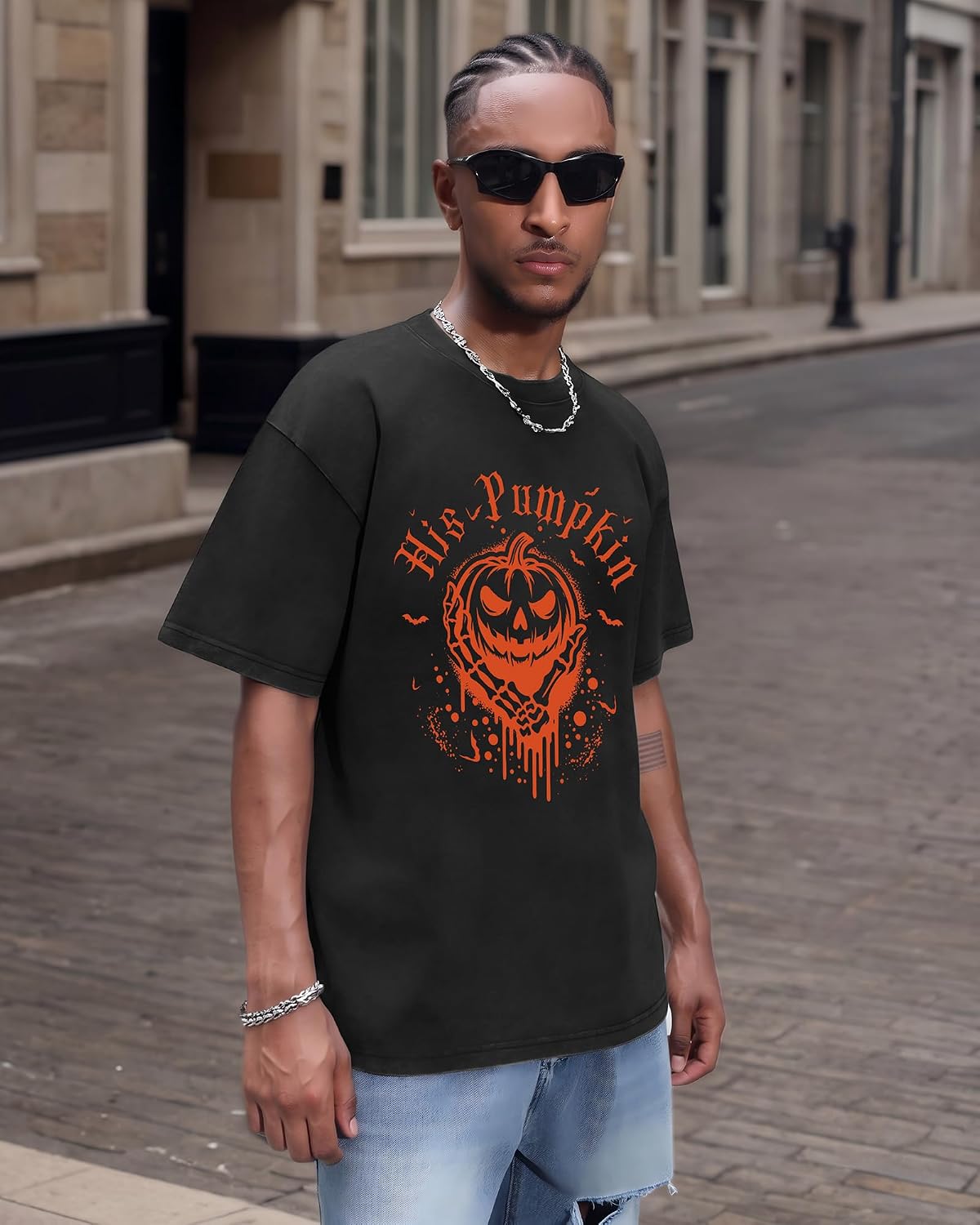 Aiyino Halloween Vintage Washed Pumpkin Graphic T Shirt for Men Women