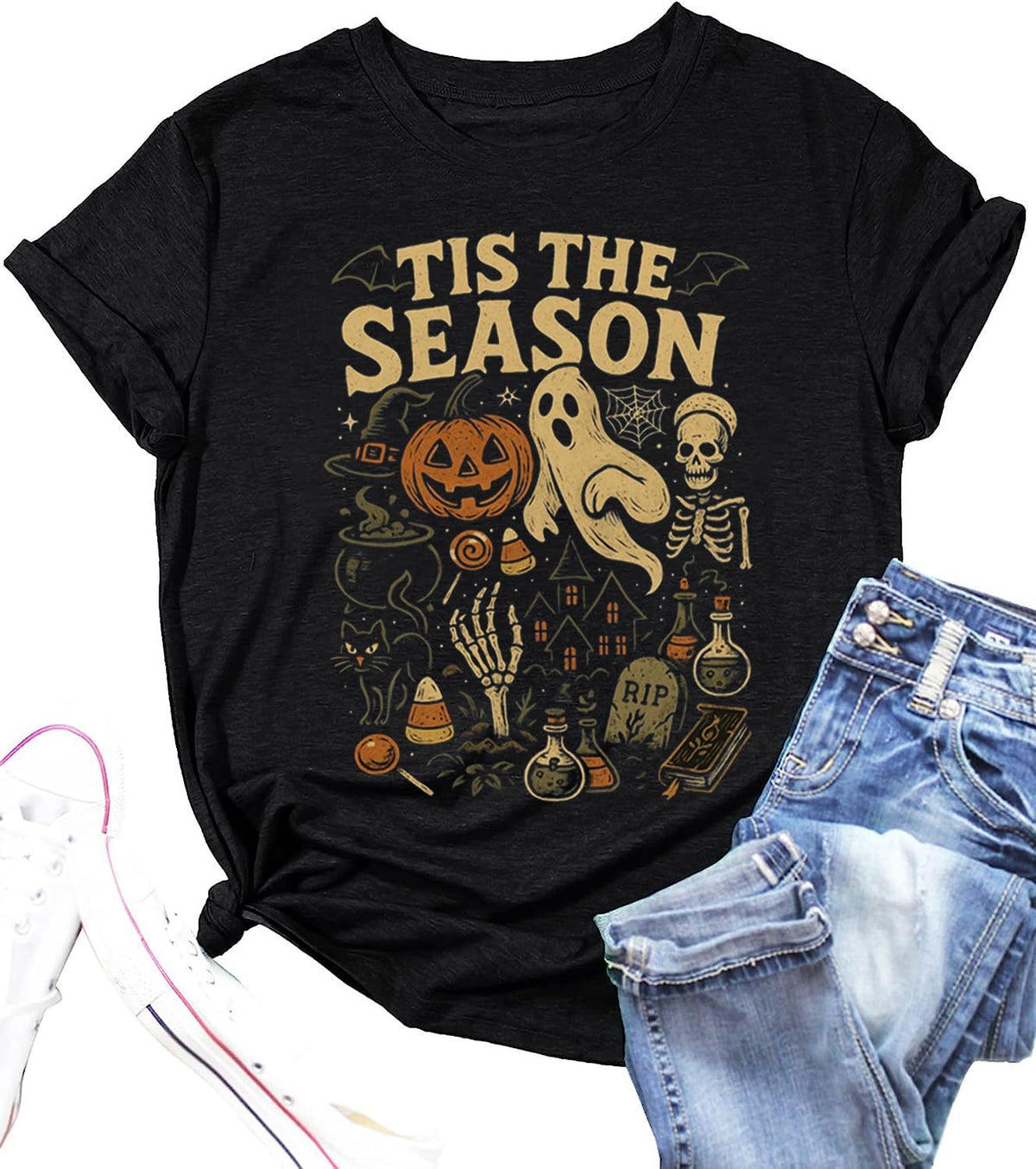 Halloween Shirt for Women Vintage Graphic Witchy Tees Fall Holiday Tops