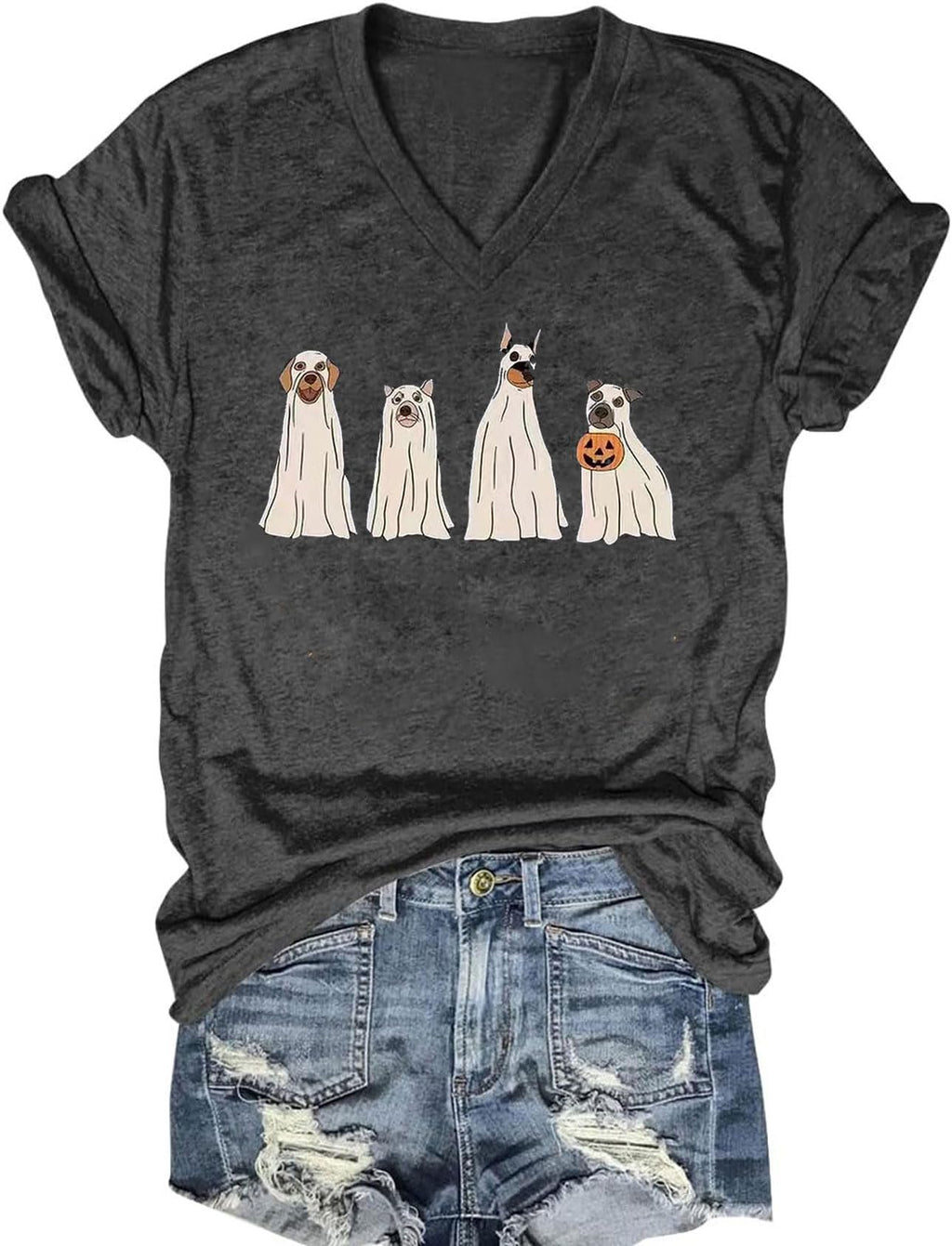 Fall V Neck T-Shirts Women Halloween Graphic Shirts Cute Pumpkin Ghost Tees Funny Holiday Family Short Sleeves Tops