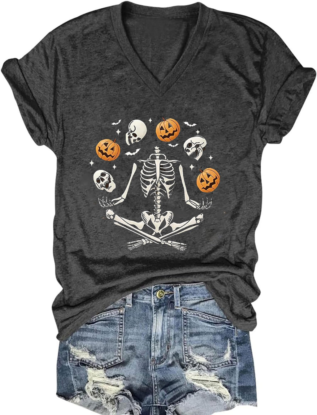 Fall V Neck T-Shirts Women Halloween Graphic Shirts Cute Pumpkin Ghost Tees Funny Holiday Family Short Sleeves Tops