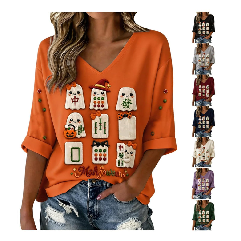 Halloween Shirts for Women V Neck Mahjong Tshirts Cute Pumpkin Graphic Tops