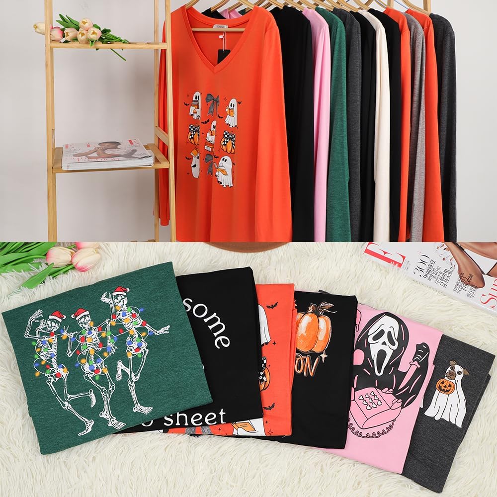 Tobrief Women's Long Sleeve V-Neck Shirts Fall Graphic Tees Casual T-Shirt