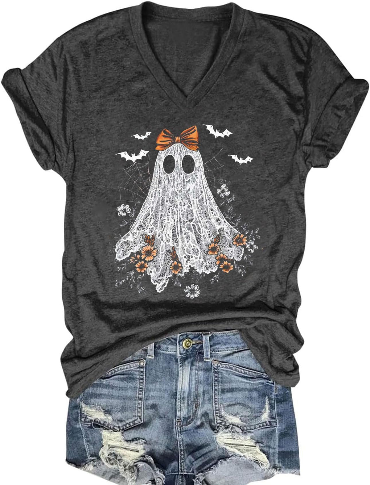 Fall V Neck T-Shirts Women Halloween Graphic Shirts Cute Pumpkin Ghost Tees Funny Holiday Family Short Sleeves Tops