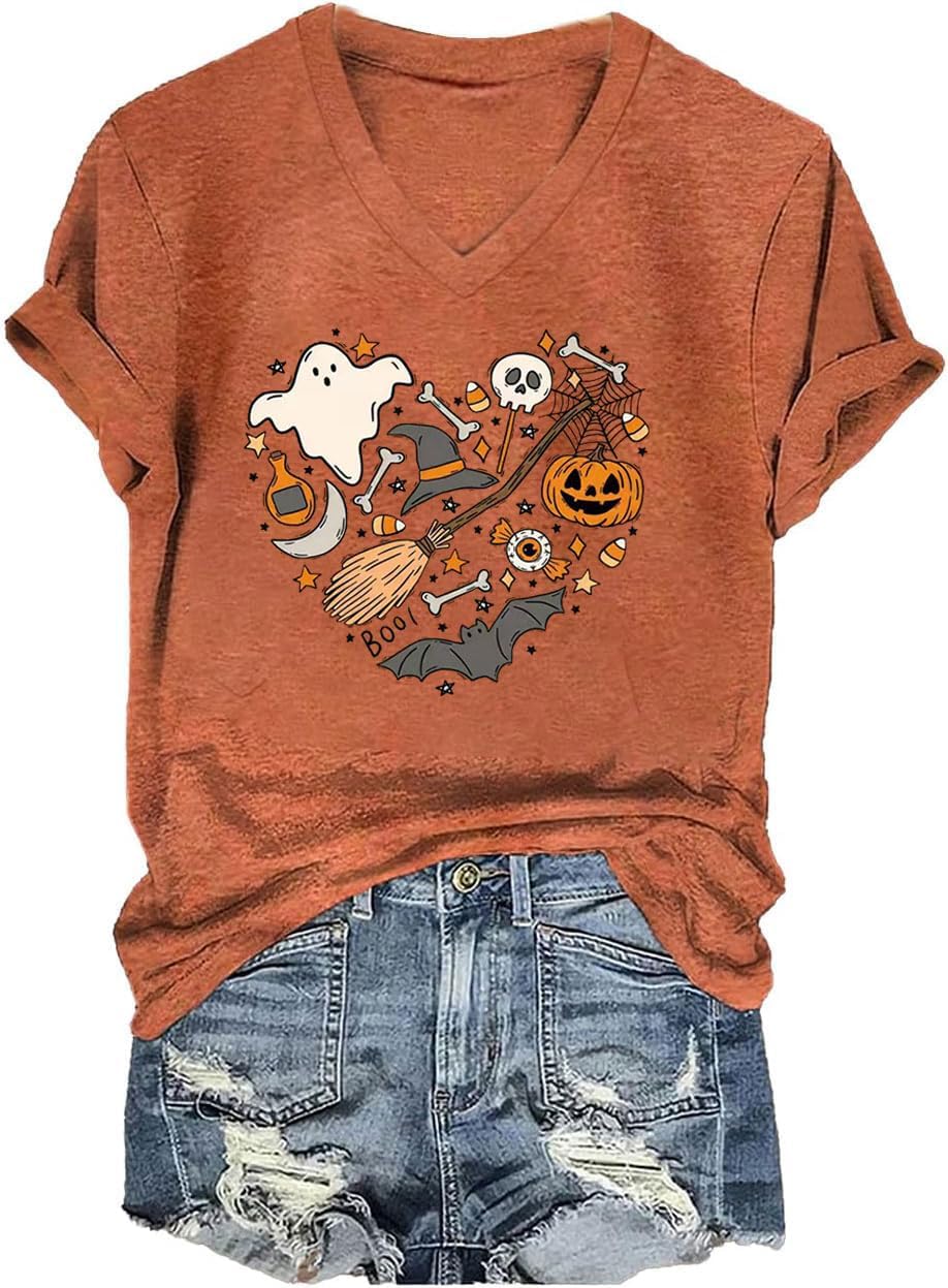 Fall V Neck T-Shirts Women Halloween Graphic Shirts Cute Pumpkin Ghost Tees Funny Holiday Family Short Sleeves Tops