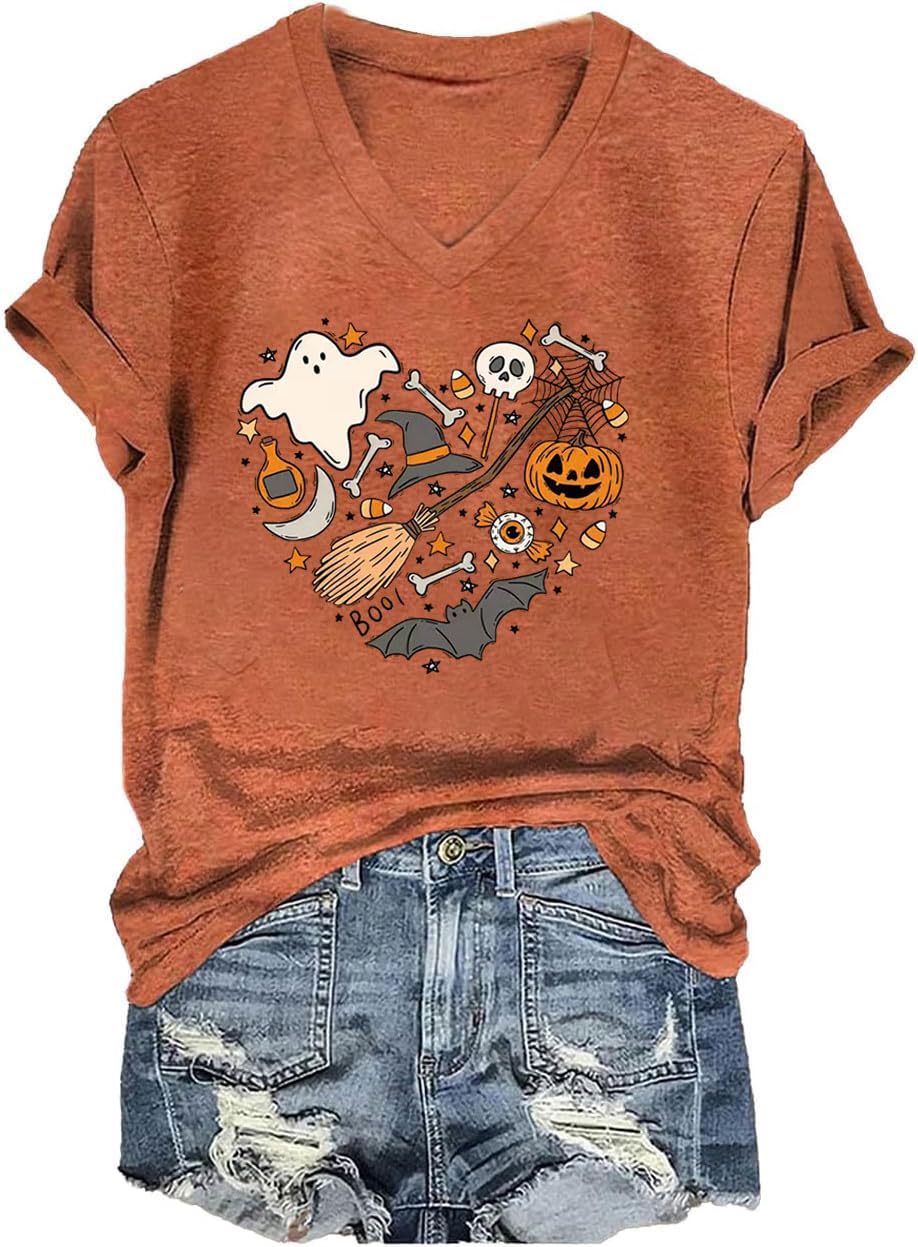 Fall V Neck T-Shirts Women Halloween Graphic Shirts Cute Pumpkin Ghost Tees Funny Holiday Family Short Sleeves Tops