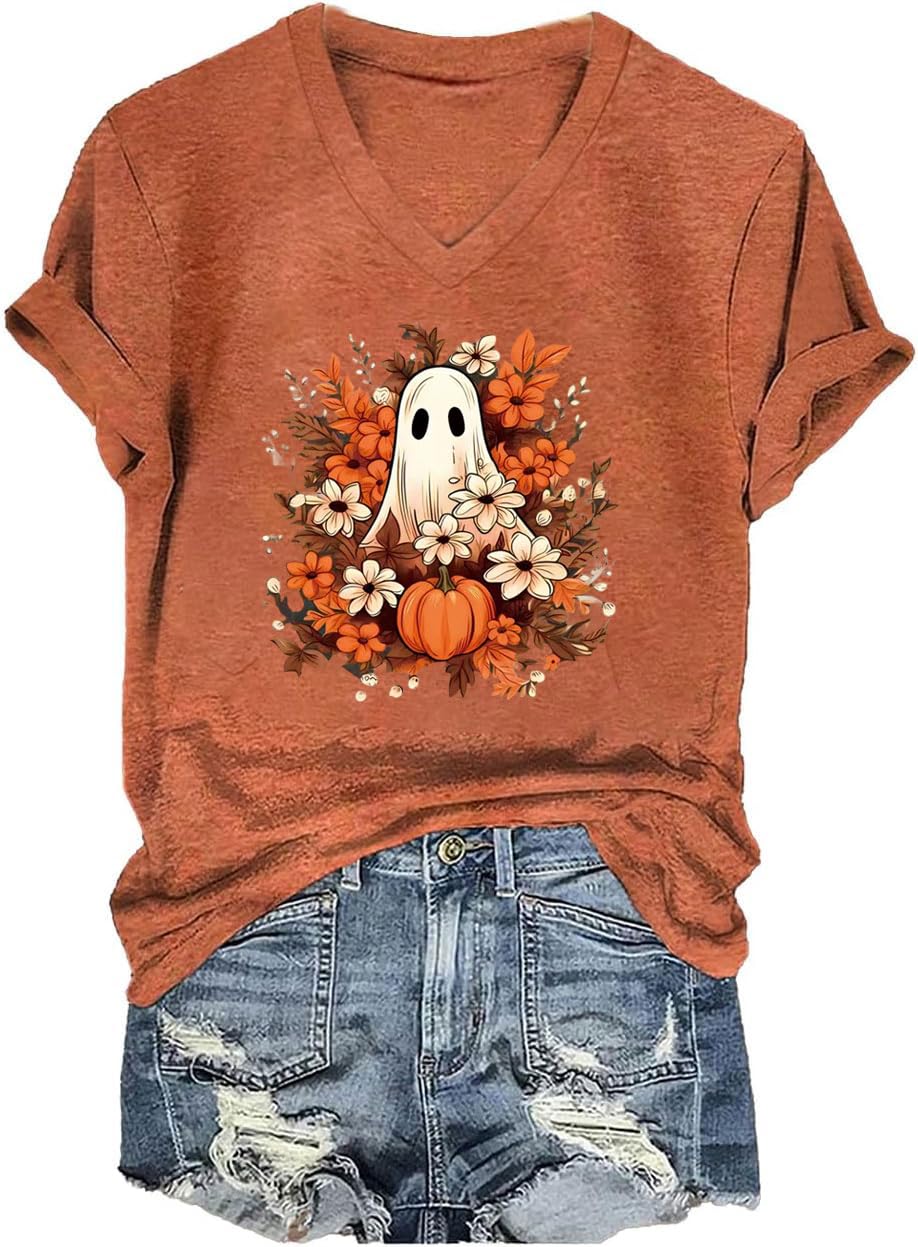 Fall V Neck T-Shirts Women Halloween Graphic Shirts Cute Pumpkin Ghost Tees Funny Holiday Family Short Sleeves Tops