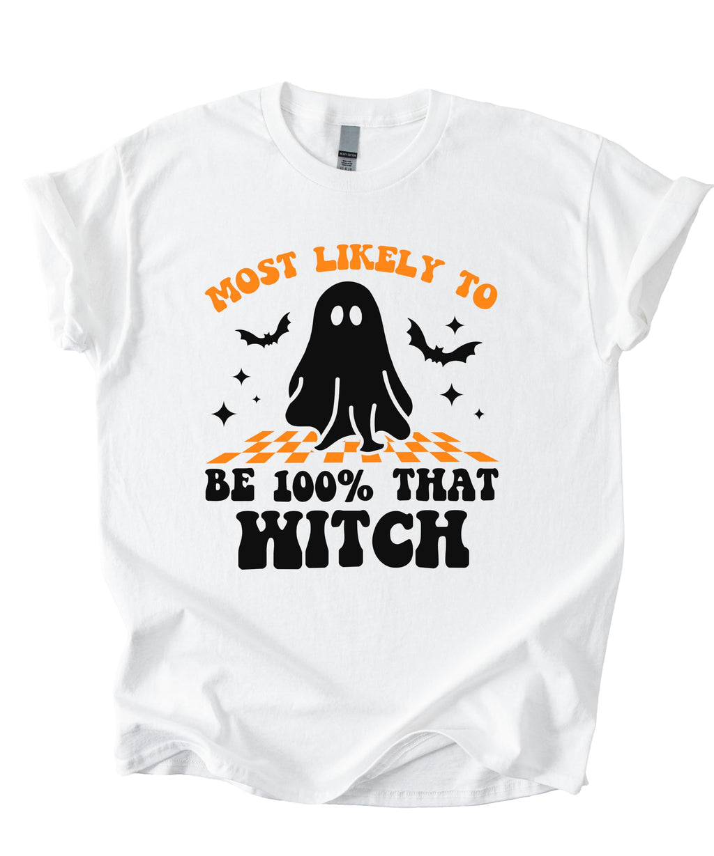 Most Likely to Be 100% that Witch T Shirt, Retro Cartoon Halloween Graphic Tee, Spooky Season Party Shirt Men Women