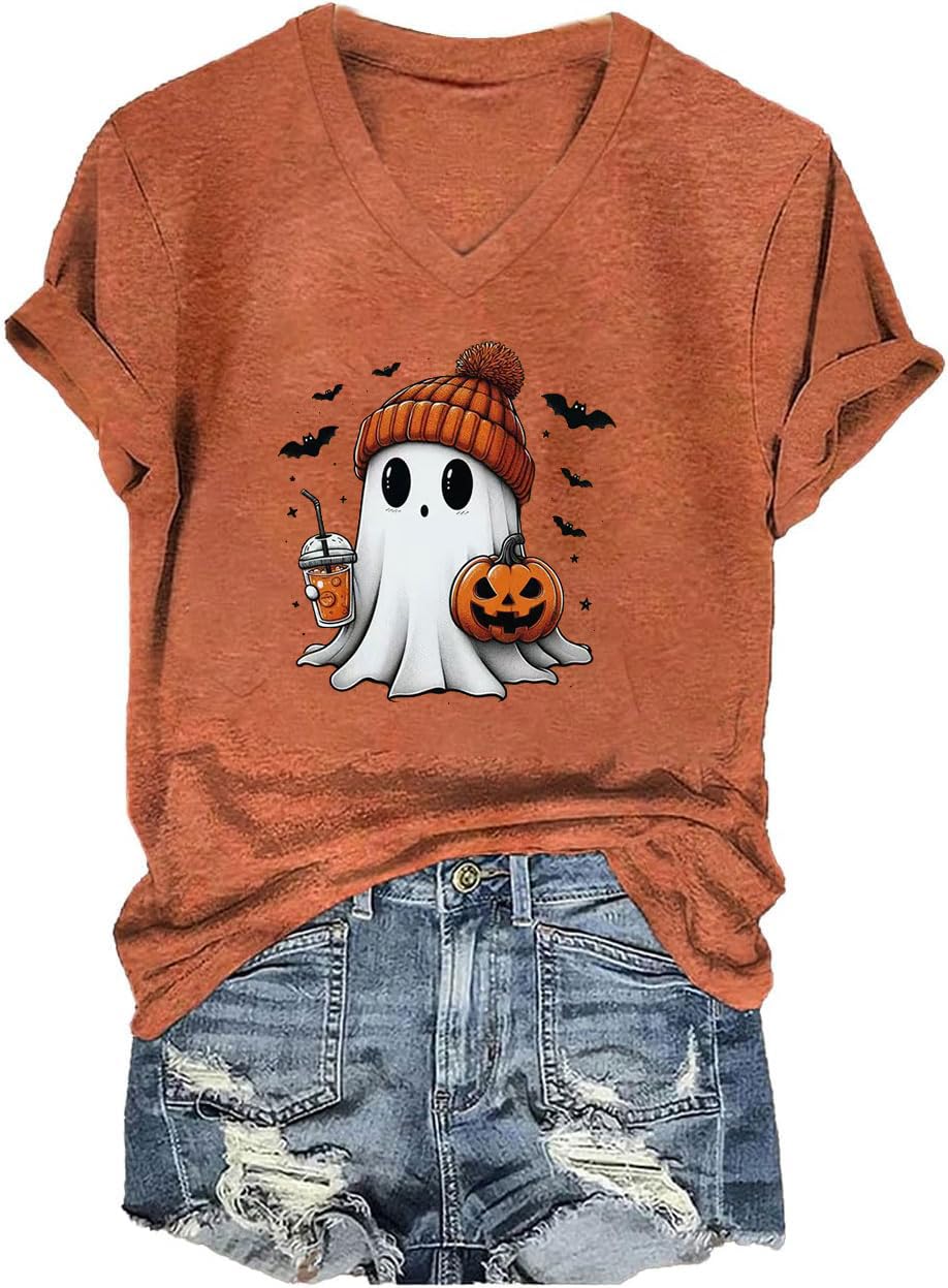 Fall V Neck T-Shirts Women Halloween Graphic Shirts Cute Pumpkin Ghost Tees Funny Holiday Family Short Sleeves Tops
