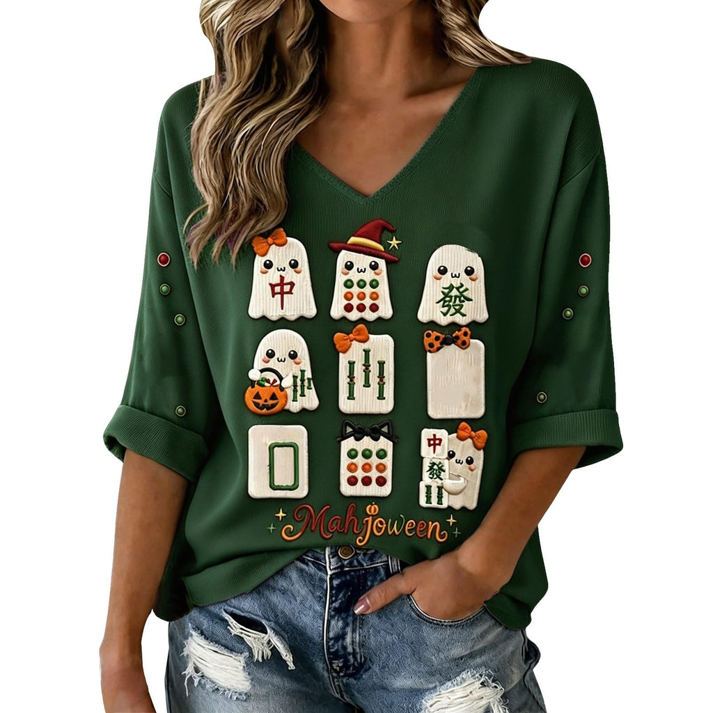 Halloween Shirts for Women V Neck Mahjong Tshirts Cute Pumpkin Graphic Tops